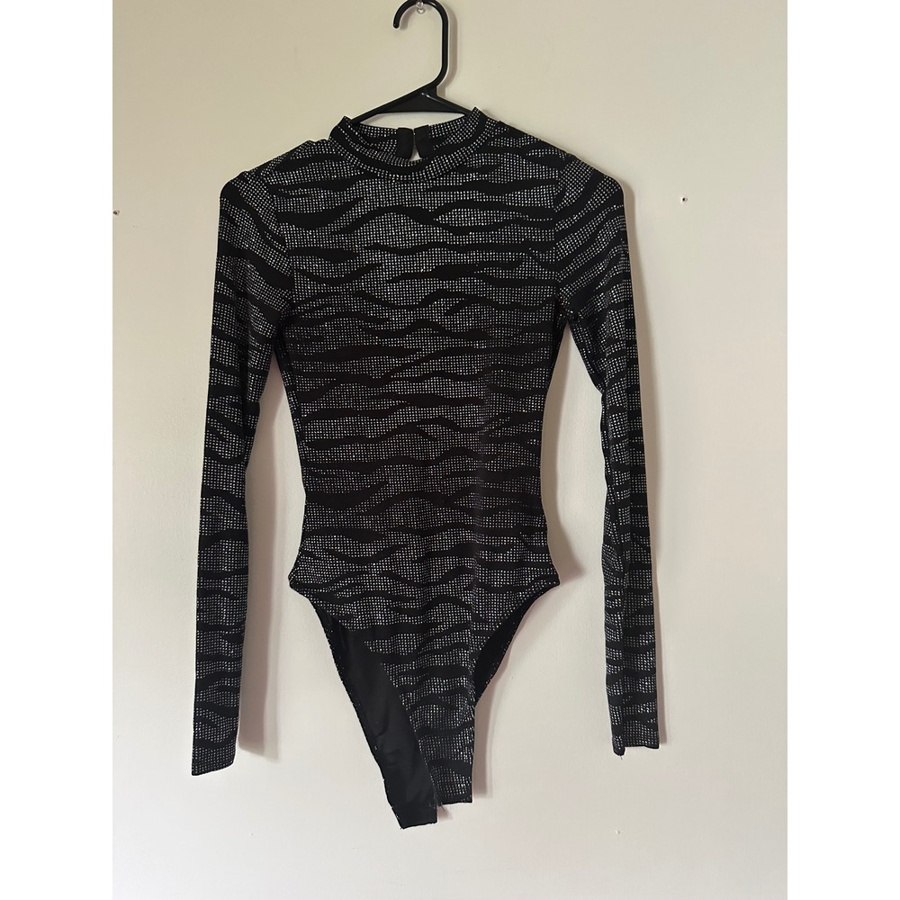 H&M Womens Black Glitter Open Back Long Sleeve Bodysuit Mock Neck XS Festival